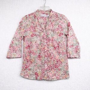 Alfred Dunner Womens Pink Floral 3/4 Sleeve Button Up Blouse Size 10 Pleated Top